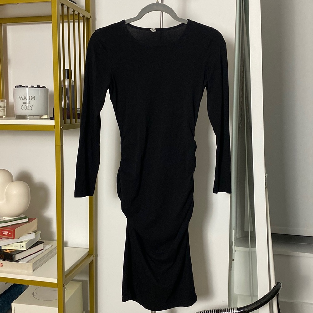 Black long sleeve midi rusched dress
